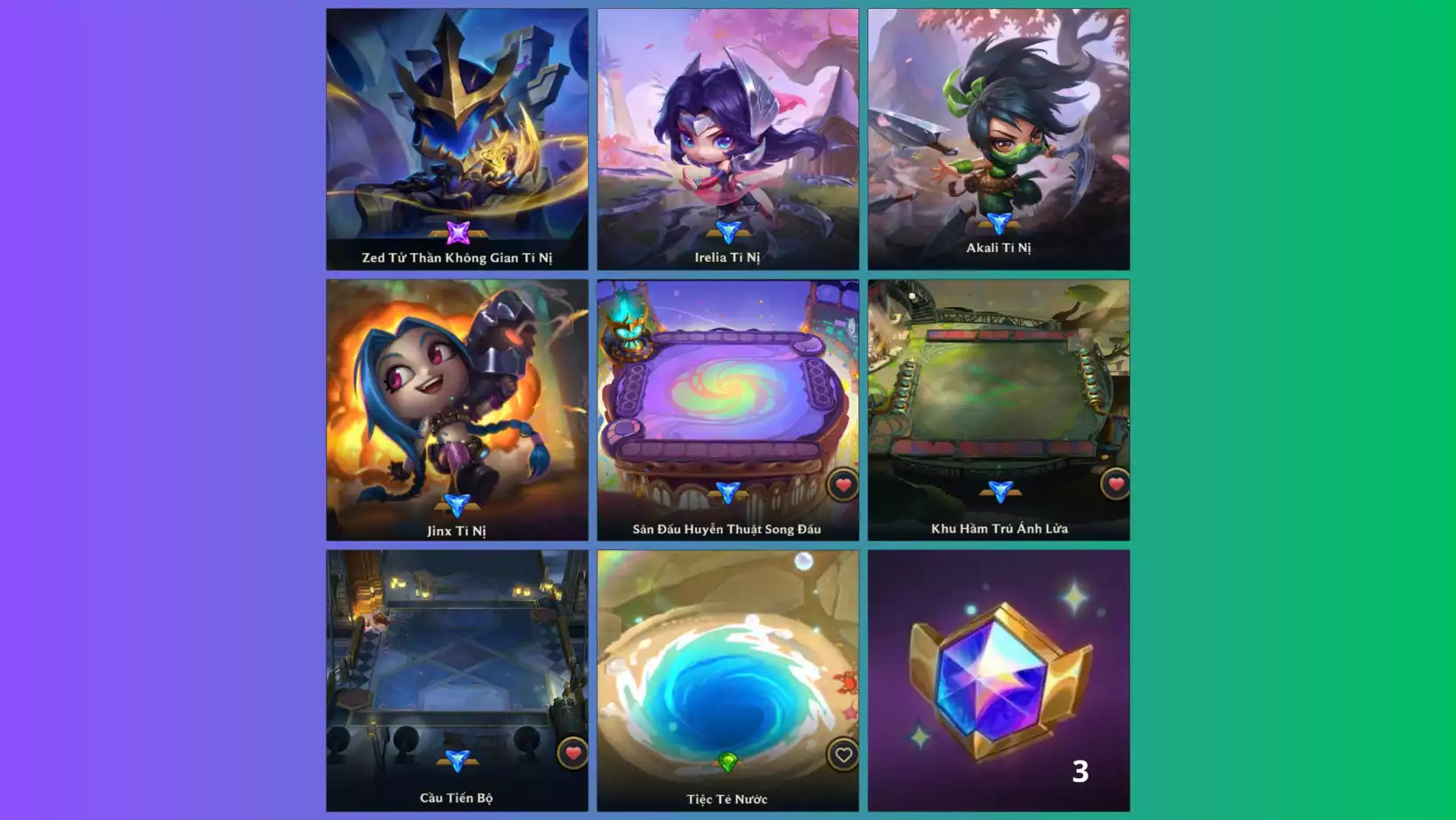 ZED TỬ THẦN KHÔNG GIAN (BẬC TÍM) IRELIA TÍ NỊ  AKALI TÍ NỊ  JINX TÍ NỊ  SÂN ĐẤU HUYỄN THUẬT SONG ĐẤU KHU HẦM TRÚ ÁNH LỬA  CẦU TIẾN BỘ  CỔNG DỊCH CHUYỂN TIỆC TÉ NƯỚC  DƯ 3 HUY CHƯƠNG